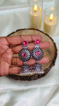 Silver Pink Stone Designer Jhumka Earrings