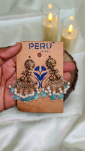 Antique Gold Floral Chandbali Earrings with Aqua Beads & Pearls