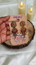 Antique Gold Red Floral Pearl Drop Earrings