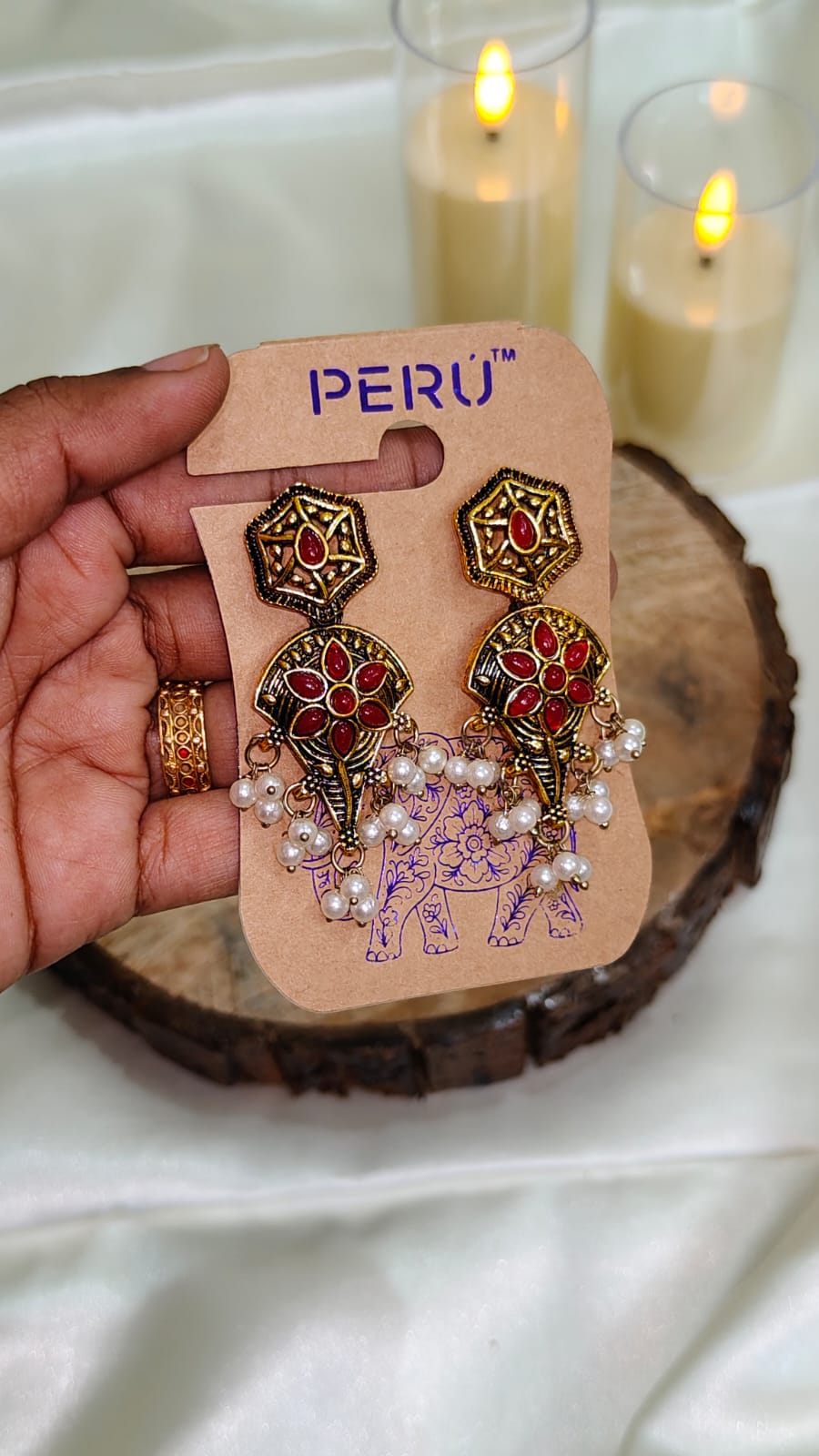 Antique Gold Red Floral Pearl Drop Earrings