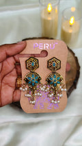 Antique Gold Blue Floral Pearl Drop Earrings