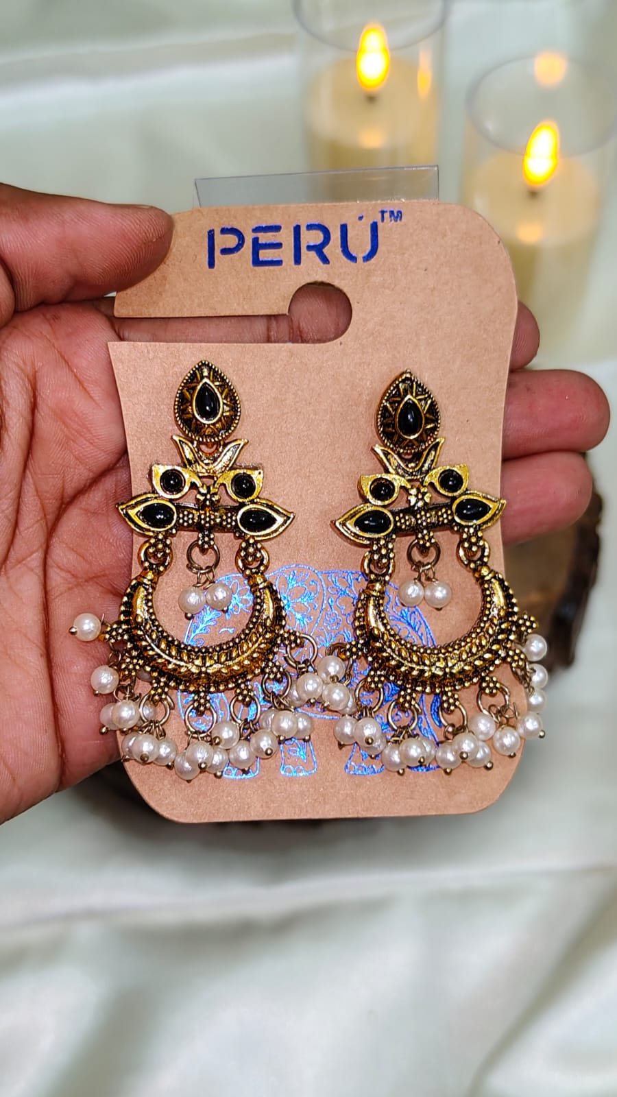 Antique Gold Black Stone Chandbali Earrings