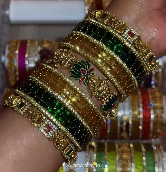 BG05 - Luxury Bridal Bangles Combo - 2 * half dozen Raindrop + Half dozen border + 3 Antique Bangles