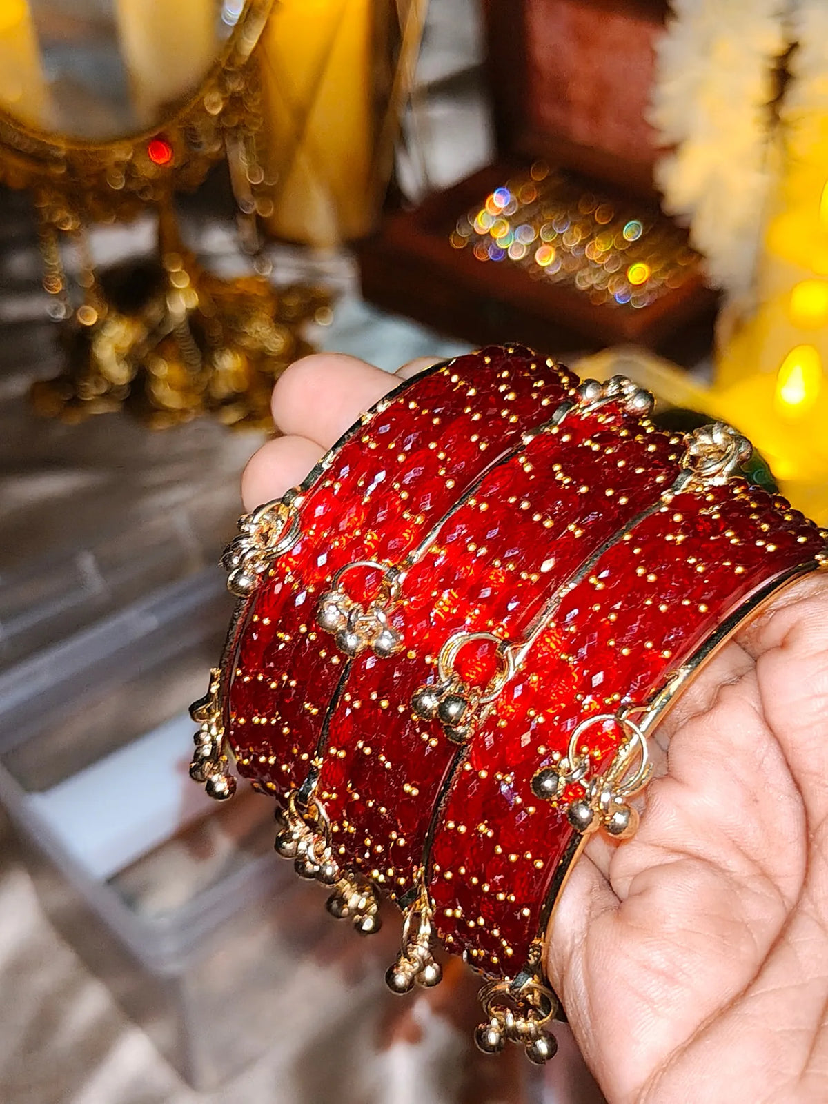 BG14 - Red Raindrop & Ghungroo Bangle Set