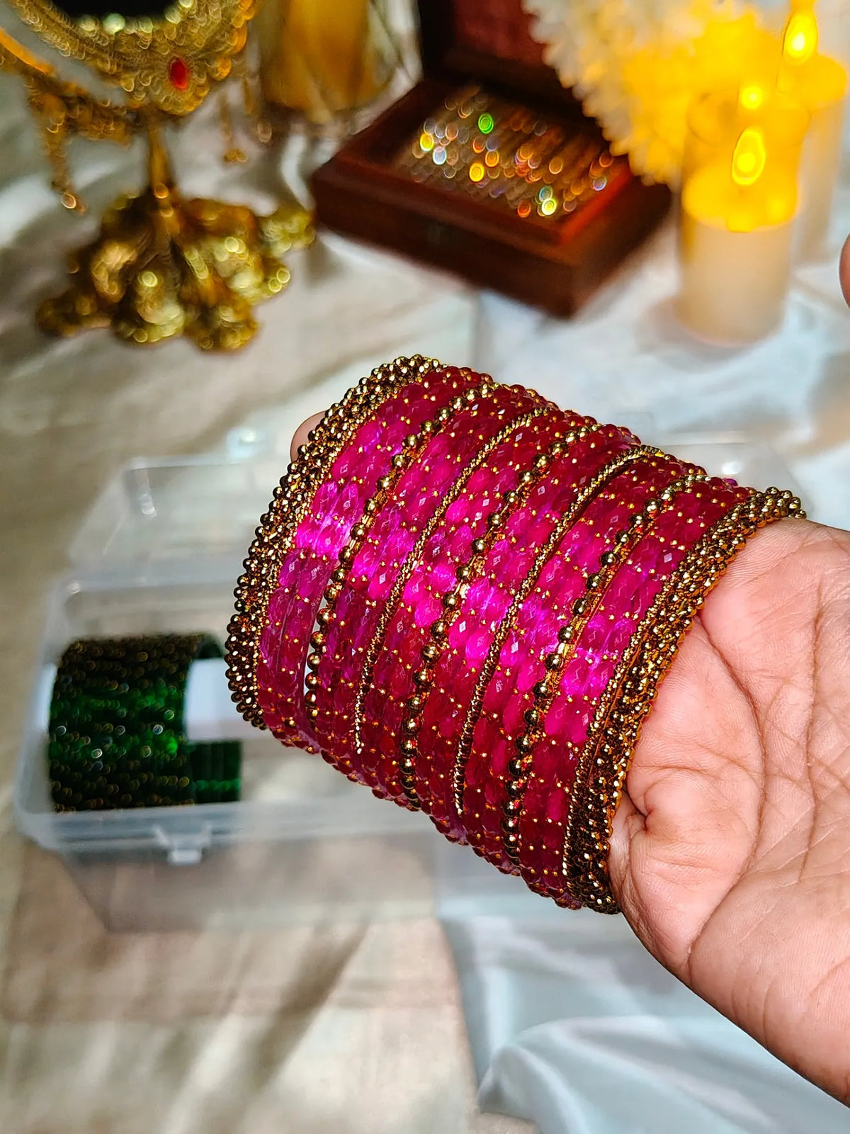 BG15 - Rani Pink Raindrop & Antique Bangle Set