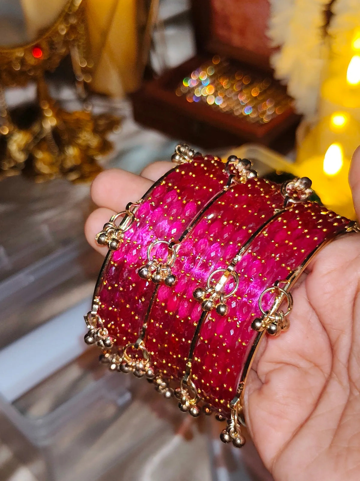BG21 - Rani Pink Raindrop & Ghungroo Bangle Set
